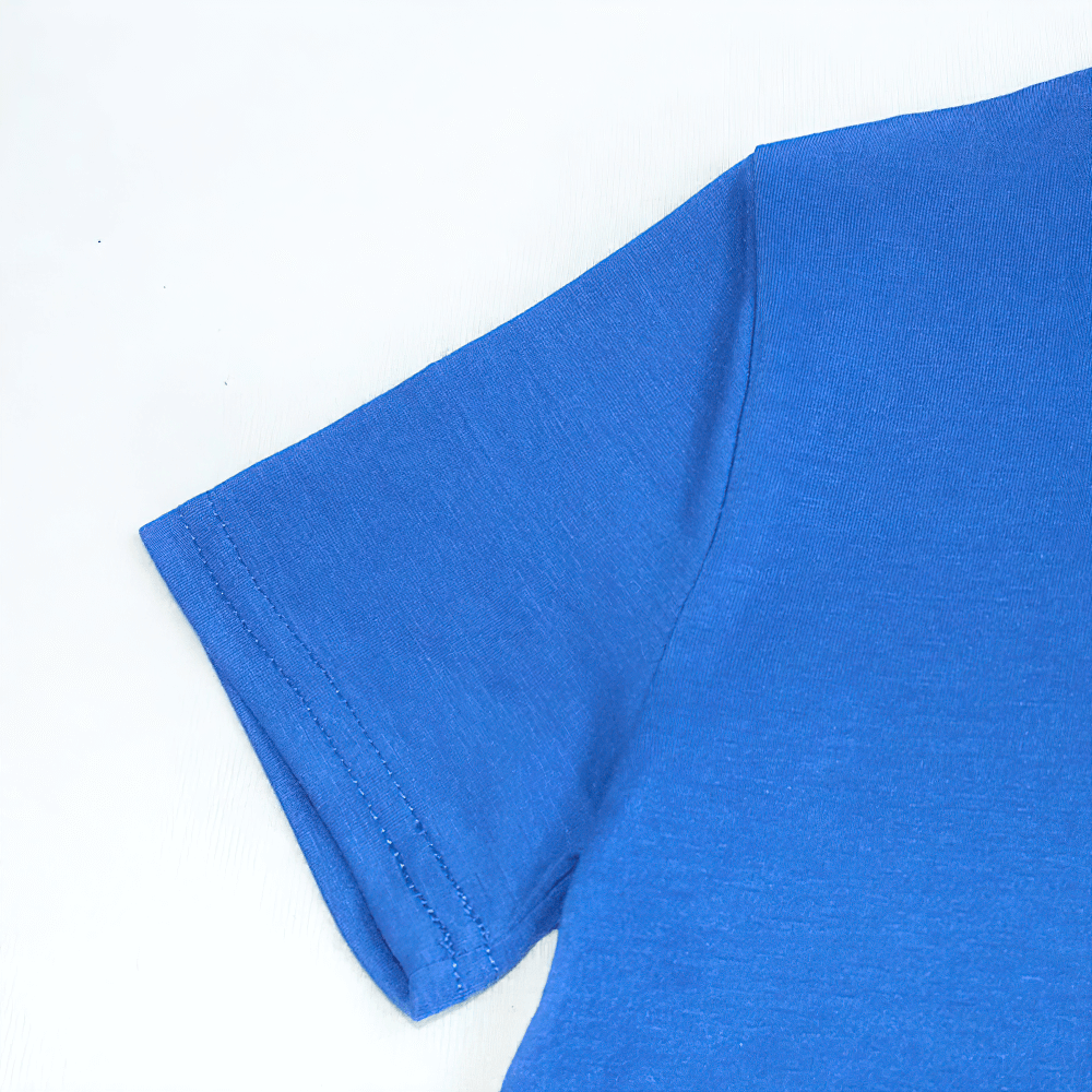 Bright blue kids short sleeve T-shirt in breathable cotton fabric, ideal for play and sports with durable construction.
